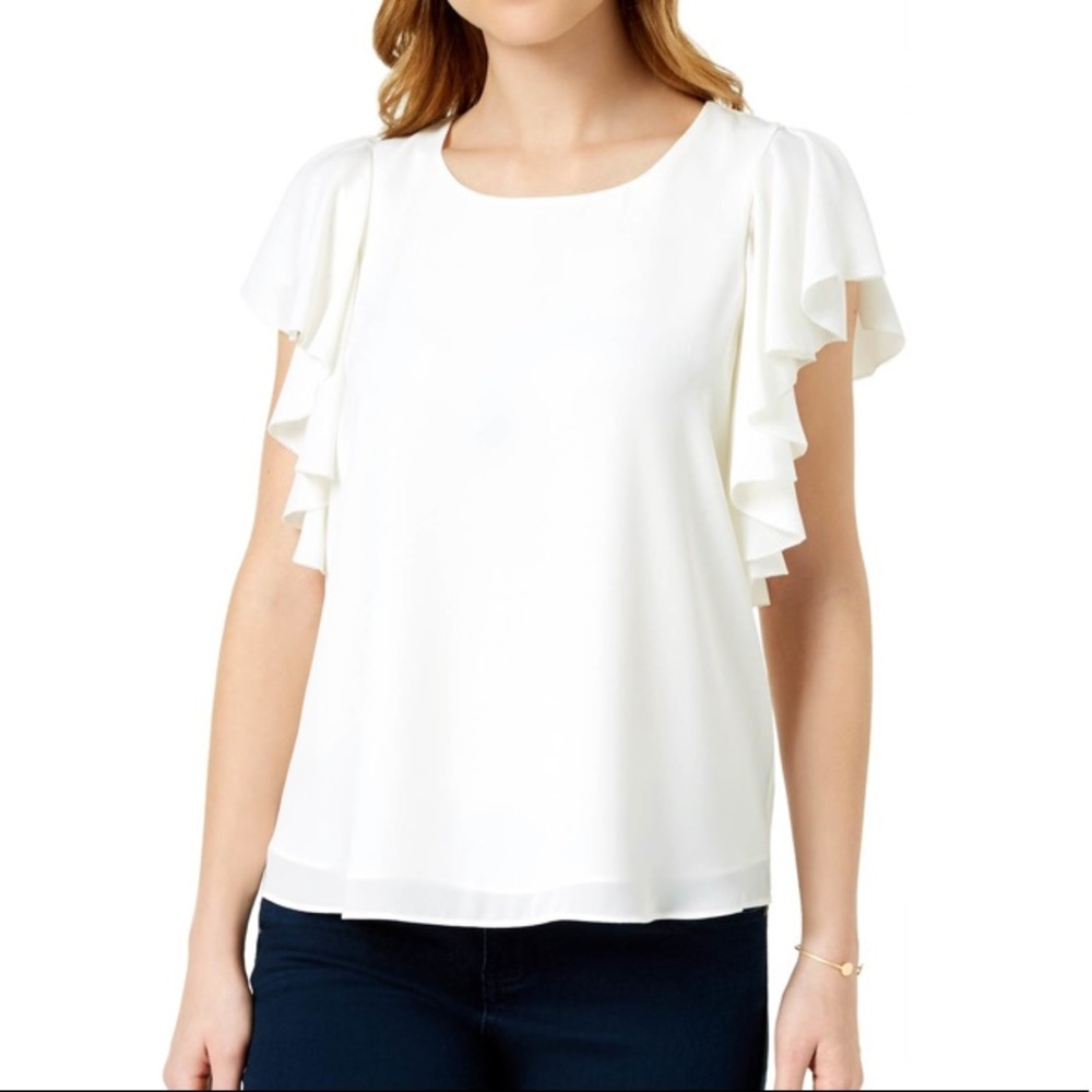 NEW Maison Jules Women’s Ruffled Layered Fluted Sleeve White Top